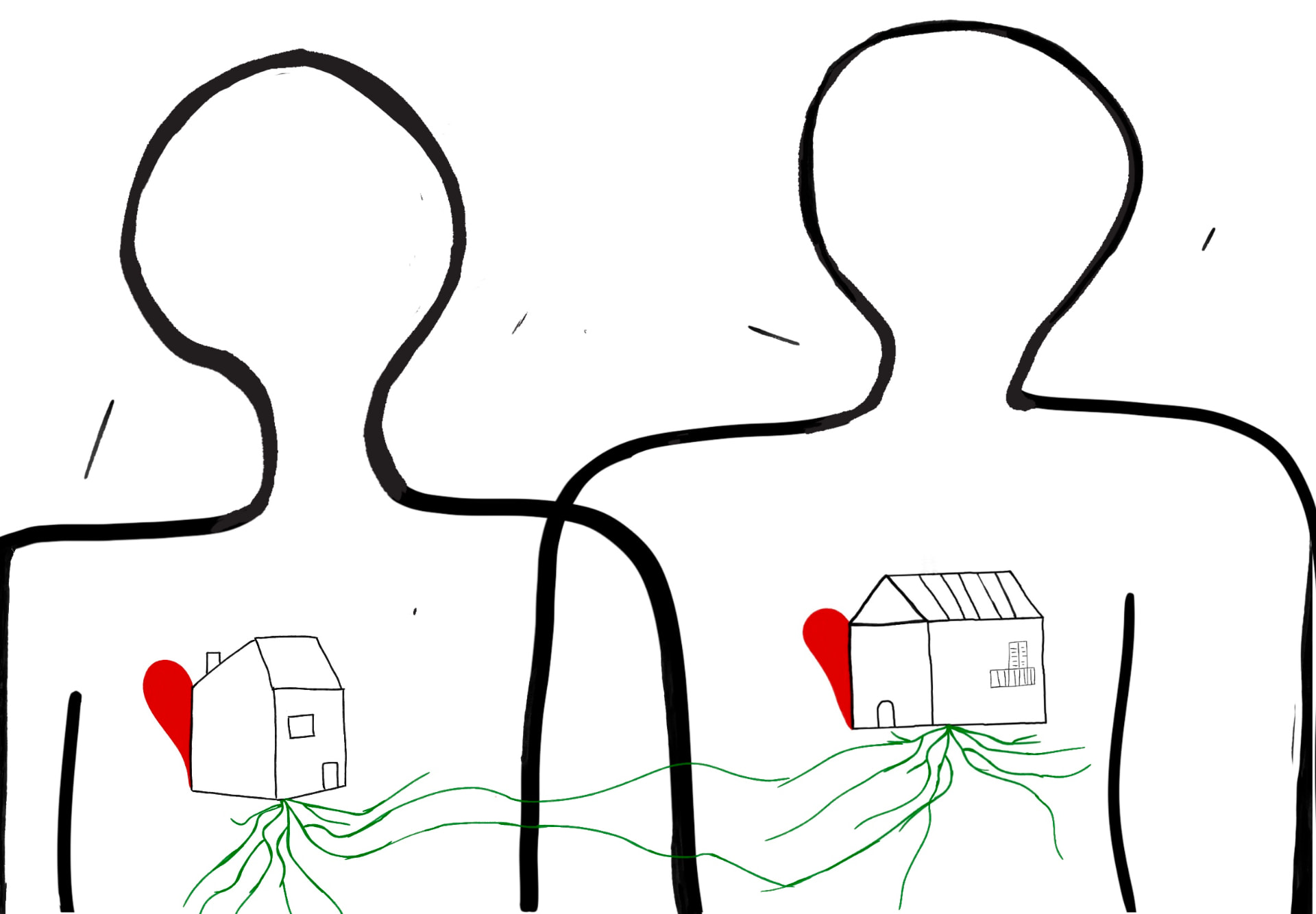 Line drawing of two figures, each with a small red house on their chest, joined by a red thread